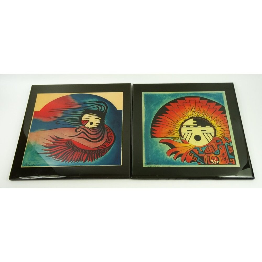 Gina Kuwamura Art Tiles Pair Singing Wind and Hopi Kachina Sunface 12x12in